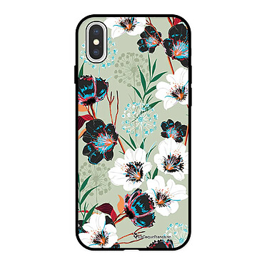 LaCoqueFrançaise Coque iPhone X/Xs Silicone Liquide Douce noir Fleurs vert d'eau