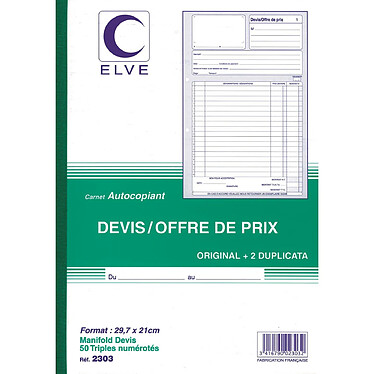 ELVE Manifold Autocopiant Devis / Offre de Prix 297 x 210 mm 50 Feuillets Tripli