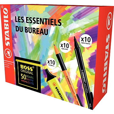 STABILO Coffret bureau de 30 marqueurs 10 BOSS ORIGINAL jaunes + 10 pointMax noirs + 10 pointball noirs