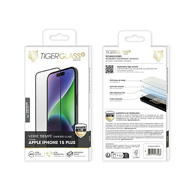 Avis Tiger Verre Trempé pour iPhone 15 Plus Recyclé Mat Anti-reflets Ultra-résistant Transparent