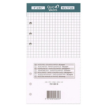 QUO VADIS Recharge Organiseur BLOC-NOTES Timer 17 Blanc Quadrillé 10 x 17 cm