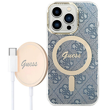 Guess Pack MagSafe pour iPhone 14 Pro Max Coque Motif et Chargeur MagSafe Bleu