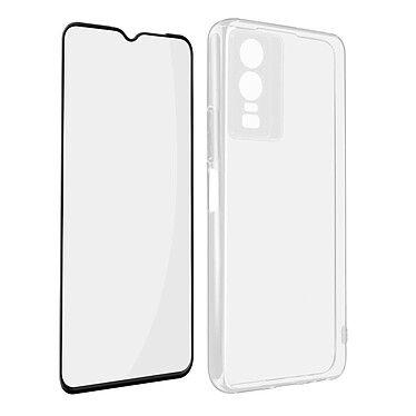 Avizar Coque Vivo Y76 5G Silicone Souple et Film Verre Trempé 9H Noir/Transparent