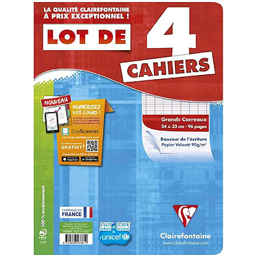 CLAIREFONTAINE Lot de 4 Cahiers piqûés 24 x 32 cm 96 pages Séyès 90g Velouté Assortis