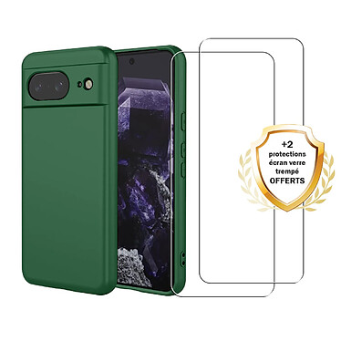 Evetane Coque Google Pixel 8 Silicone liquide Vert Foret + 2 Vitres en Verre trempe Protection ecran Antichocs