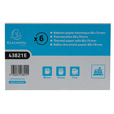 EXACOMPTA Bobine pour tickets de caisse 80x70mm - 72m - 1 pli thermique 48g/m2. - Blanc x 6