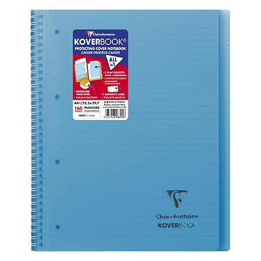 CLAIREFONTAINE Koverbook reliure intégrale enveloppante polypro transparent 22,5x29,7cm 160p ligné perfo. 4 trous coloris assortis