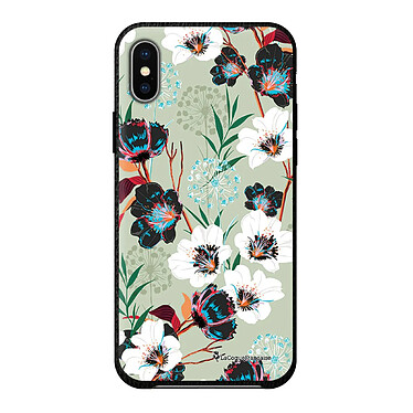 LaCoqueFrançaise Coque iPhone X/Xs effet cuir grainé noir Fleurs vert d'eau Design