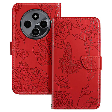 Avizar Étui pour Xiaomi Redmi 14C Portefeuille Fleur Papillon avec Dragonne Rouge