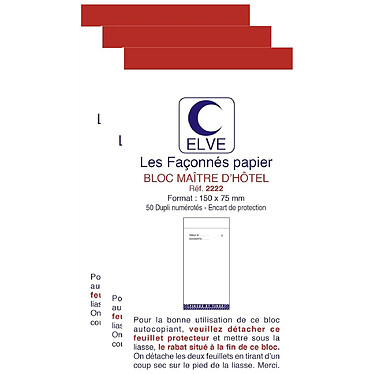 ELVE Bloc Maitre D'hotel 75x150mm 50 Feuillets Autocopiant Dupli x 3