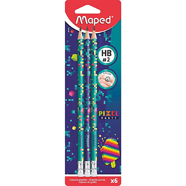 MAPED Pack 6 Crayons Papier PIXEL PARTY HB Bout Gomme