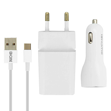 Avizar Pack chargeur secteur 2.1A + chargeur voiture 2.1A + câble USB type C 1m - Blanc