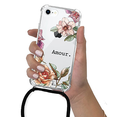 LaCoqueFrançaise Coque cordon iPhone 7/8/ iPhone SE 2020 noir Dessin Amour en fleurs pas cher