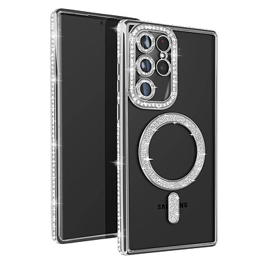 Avizar Coque Diamant pour Samsung Galaxy S22 Ultra MagSafe Contour Strass Argent