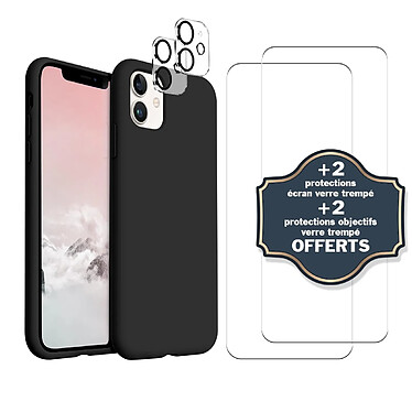 Evetane Coque iPhone 11 Noire Silicone Liquide + 2 Protections écran et 2 protections Objectif Caméra