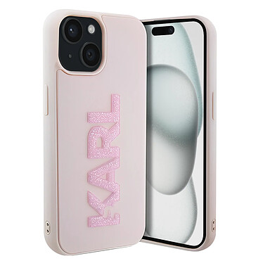 Karl Lagerfeld Coque pour iPhone 15 Plus Dos Effet Cuir Bords Rehaussés Rose Poudré