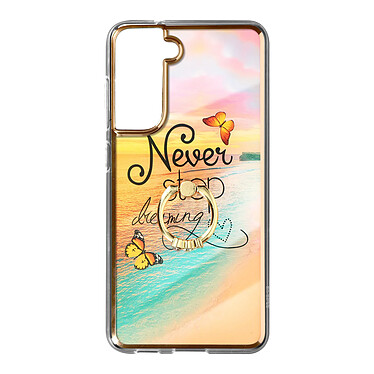 Avizar Coque pour Samsung Galaxy S21 FE Bi-matière avec Bague de Maintien à Strass Effet Bijou Motif Plage ''Never Stop Dreaming'' Orange