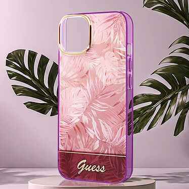 Guess Coque pour iPhone 14 Motif Jungle Élégant et Intemporel Rose pas cher