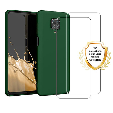 Evetane Coque Xiaomi Redmi Note 9s/ 9 Pro/9 Pro Max Silicone liquide Verte + 2 Vitres en Verre trempé Protection écran Antichocs