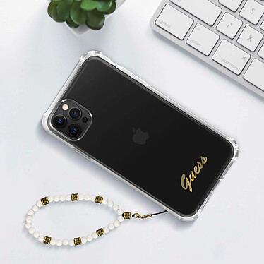 Avis Guess Coque pour iPhone 12 Pro Max Transparent avec Bijou à perles Bracelet Blanc