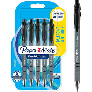 PAPER MATE Stylo à bille FlexGrip Ultra, blister de 5, noir