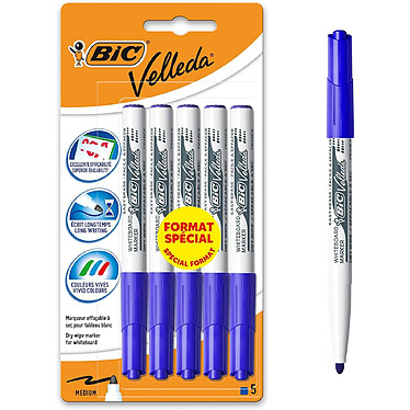 BIC Pack de 5 Feutres effaçable a sec pointe ogive moyenne Bleu