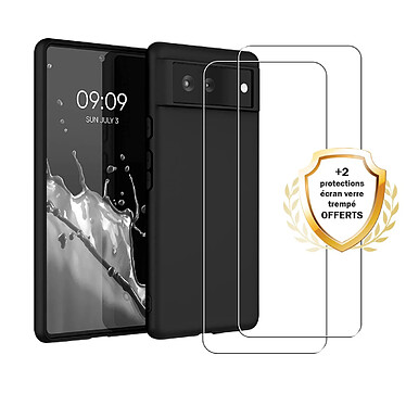 Evetane Coque Google Pixel 6 Silicone liquide Noire + 2 Vitres en Verre trempe Protection ecran Antichocs