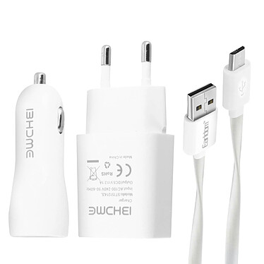 Avizar Pack 3 en 1 Chargeur secteur 2.1A Chargeur Voiture 2.1A et Câble Micro-USB Blanc