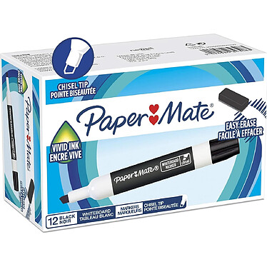 PAPER MATE Marqueur tableau blanc, pointe biseautée, noir x 12