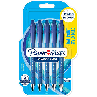 PAPER MATE Stylo à bille FlexGrip Ultra, blister de 5, bleu