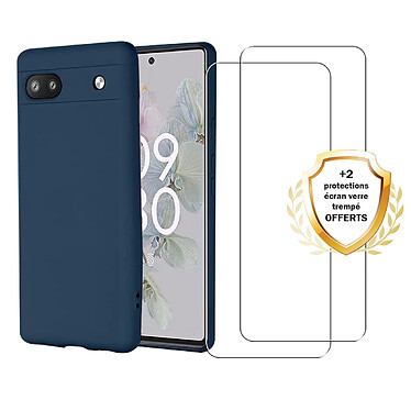 Evetane Coque Google Pixel 6A Silicone liquide Bleue Marine + 2 Vitres en Verre trempé Protection écran Antichocs