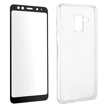 Avizar Coque Samsung Galaxy A8 Silicone Souple Film Verre Trempé 9H Transparent Noir