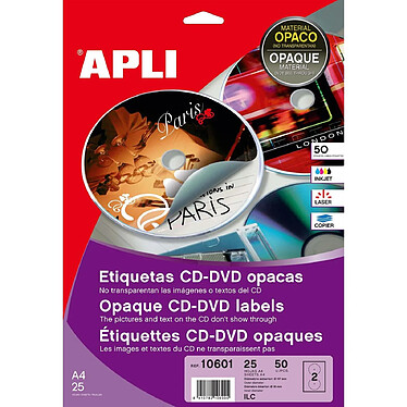 APLI Pochette de 50 étiquettes CD/DVD multi usage adhésif opaque Ø 117 / Ø 18 mm