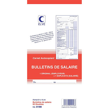 ELVE Manifold Bulletin de Salaire 310x150 mm Nouveau Tracé 50 Dupli Autocopiant