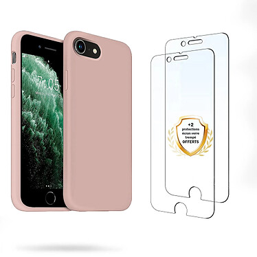 Evetane Coque iPhone 7/8/SE 2020 Silicone liquide Rose + 2 Vitres en Verre trempé Protection écran Antichocs