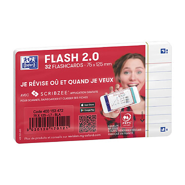 OXFORD Paquet de 32 Fiches Bristol flashcards 2.0 Non Perforées 75x125 mm A7 ligné blanc