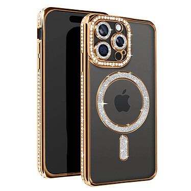 Avizar Coque Diamant pour iPhone 15 Pro Protection MagSafe Contour Strass Dorée