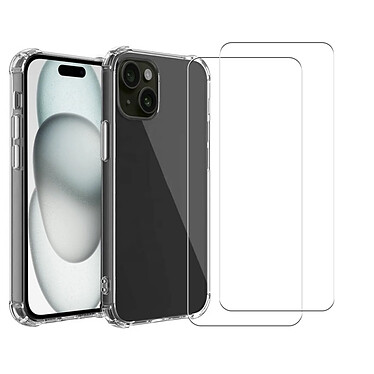 Evetane Coque iPhone 15 Antichoc Silicone bords renforcés + 2 Vitres en verre trempé Protection écran pas cher