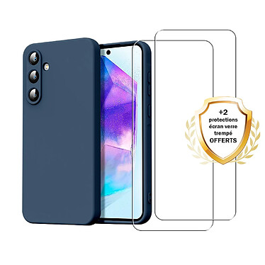 Evetane Coque Samsung Galaxy A15 Silicone liquide Bleue + 2 Vitres en Verre trempe Protection ecran Antichocs