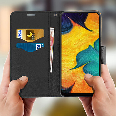 Avis Avizar Housse Galaxy A30 Etui Porte-carte Fonction Support Vidéo Fancy Style Or et Noir