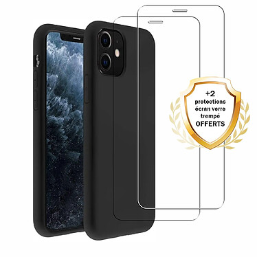 Evetane Coque iPhone 11 Silicone liquide Noire + 2 Vitres en Verre trempé Protection écran Antichocs