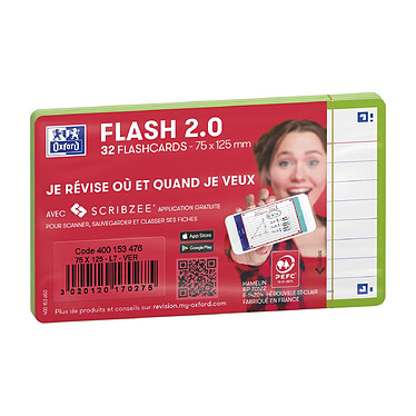 OXFORD Paquet de 32 Fiches Bristol flashcards 2.0 Non Perforées 75x125 mm A7 ligné vert