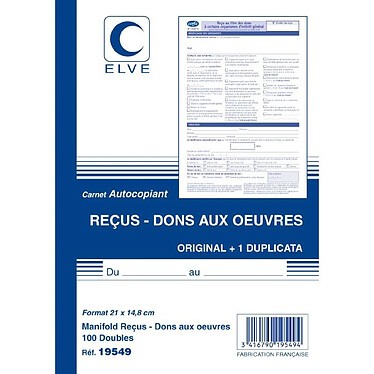 ELVE Carnet de reçus - Dons aux oeuvres A4 - 50 Feuillets Doubles Autocopiants