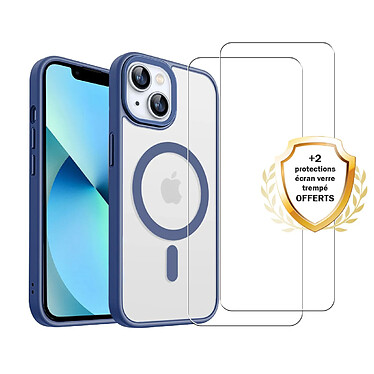 Evetane Coque iPhone 13 Bleue et transparente Motif fumée Compatible Magsafe + 2 Vitres Protection ecran