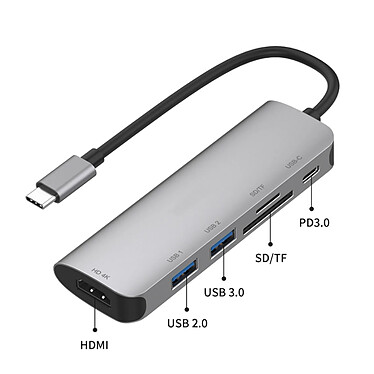 Avis Eko Hub 6en1 HDMI4K SD Micro-SD USB3.0 USB-C vers USB Type-C Gris