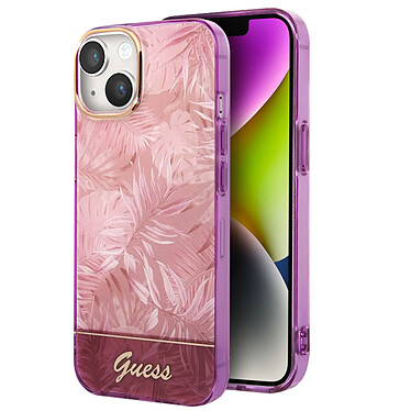 Guess Coque pour iPhone 14 Motif Jungle Élégant et Intemporel Rose