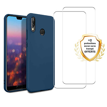 Evetane Coque Huawei P30 Lite/ P30 Lite XL Silicone Liquide Bleue + 2 Vitres en Verre Trempé Protection écran