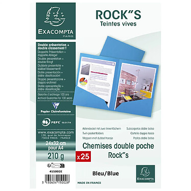 Avis EXACOMPTA Paquet de 25 chemises Double Poche ROCK''S 210 - double A4 ou A3 - 24x32cm - Bleu x 10