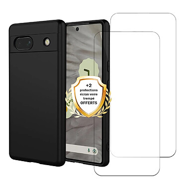 Evetane Coque Google Pixel 7A Silicone liquide Noire + 2 Vitres en Verre trempe Protection ecran Antichocs