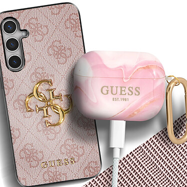 Avis Guess Coque pour AirPods Pro Marbrée Silicone Rigide avec Mousqueton Rose